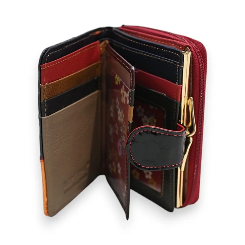 Offene dreifarbige Patchwork-Lederbrieftasche mit Fächern und Reißverschluss