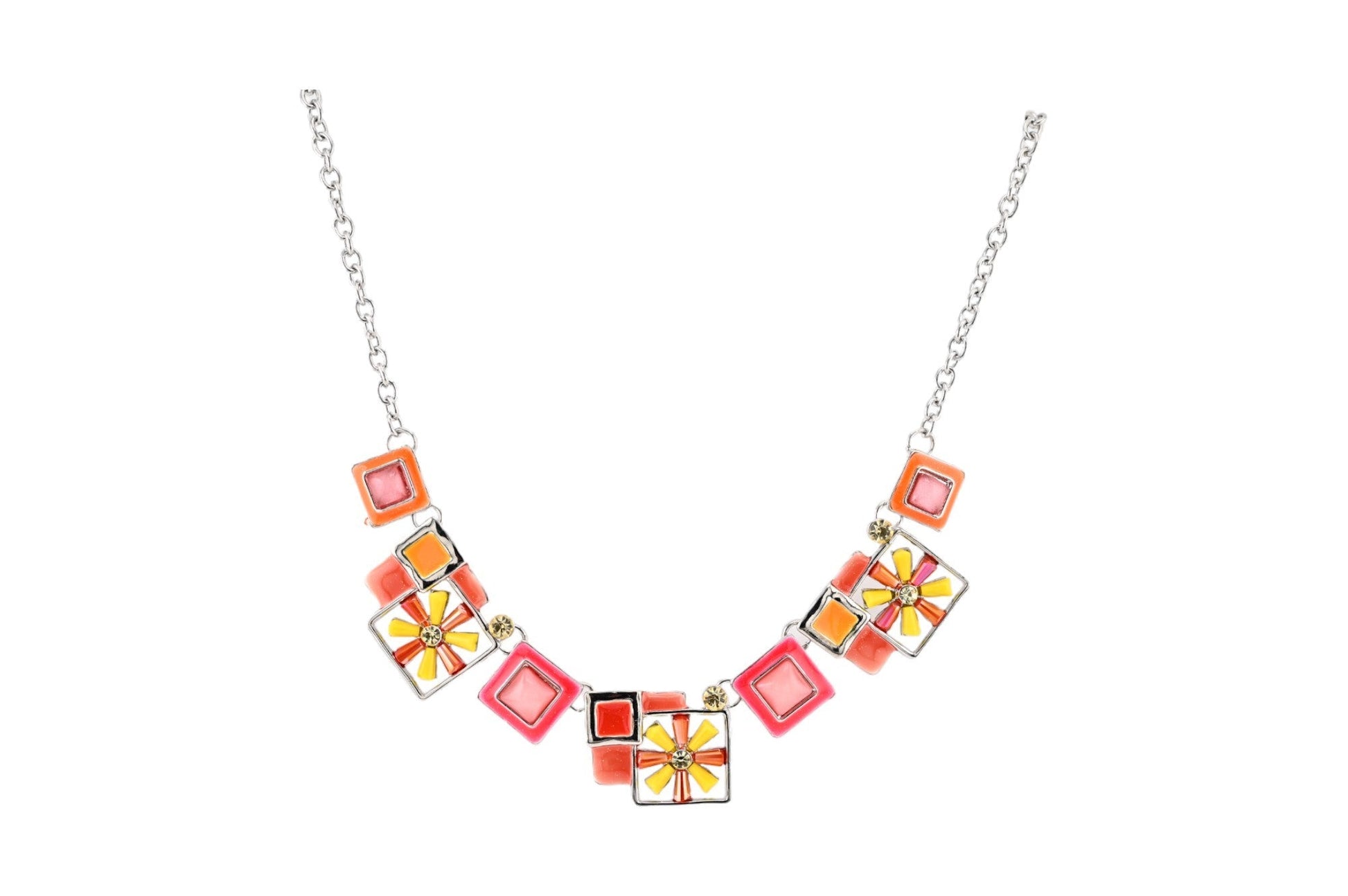 Bunte geometrische Halskette mit Blumenmotiven in Orange, Pink und Gelb, quadratische Anhänger an Silberkette
