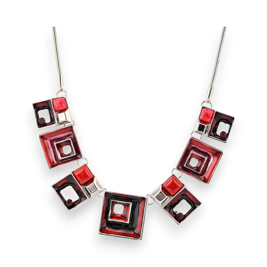 Geometrische Halskette mit quadratischen Elementen in Bordeauxrot und Silber, moderne Statement-Kette von Ikita