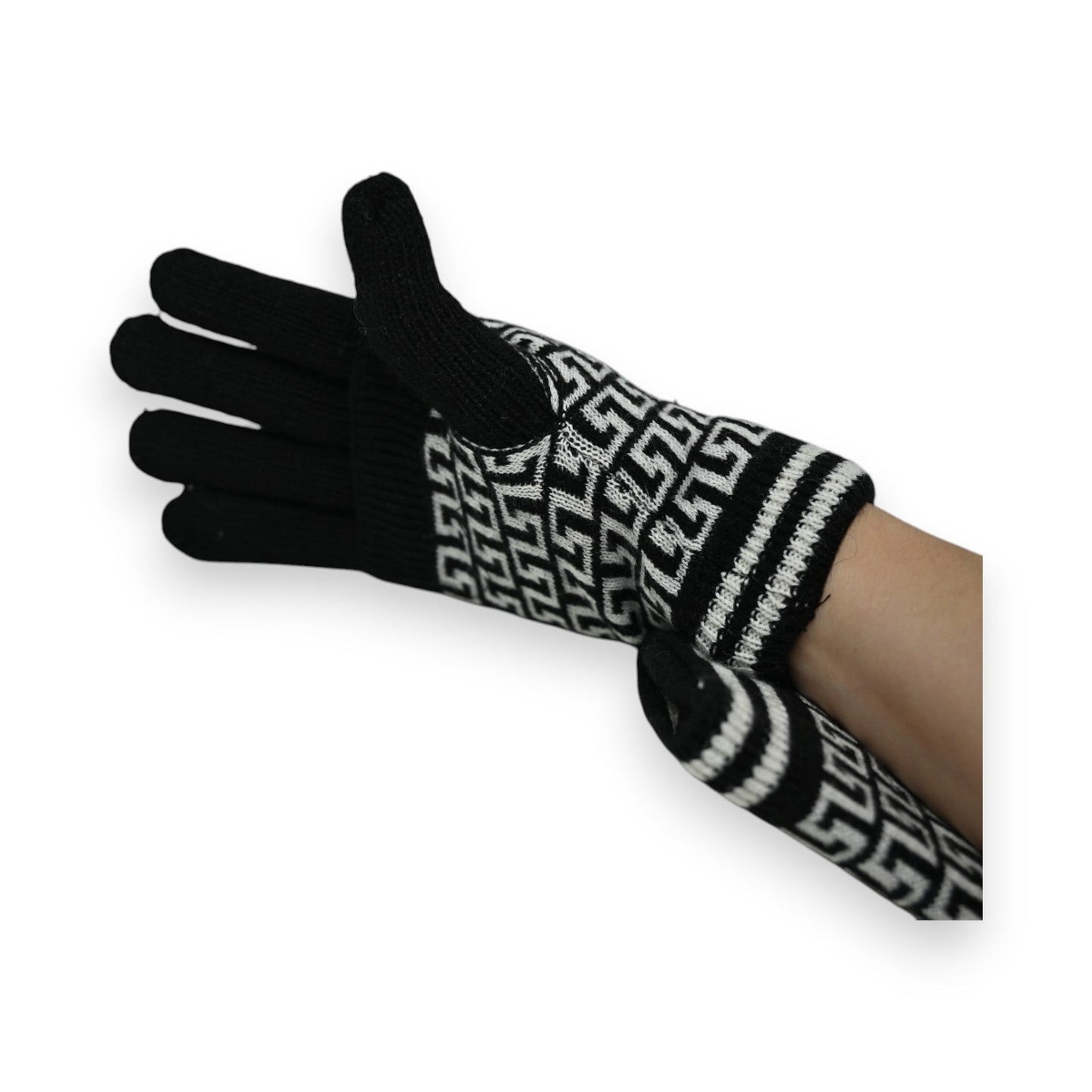 Schwarze Handschuhe mit geometrischem Muster in Weiß, gestrickt mit 2-in-1-Design für modischen Winterschutz