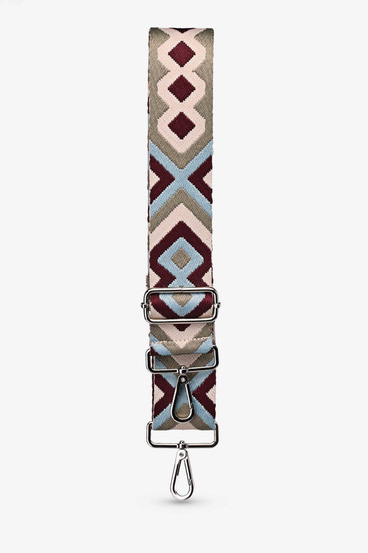 Geometrisch gemusterter Schulterriemen in Beige, Bordeaux und Hellblau mit Metallverschlüssen für Taschen