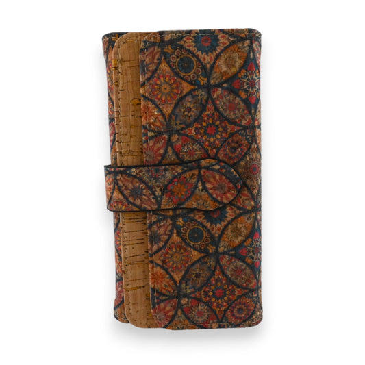 Mehrfarbige Geldbörse aus Kork mit geometrischem Muster, Blumen- und Mandala-Motiven in Herbstfarben