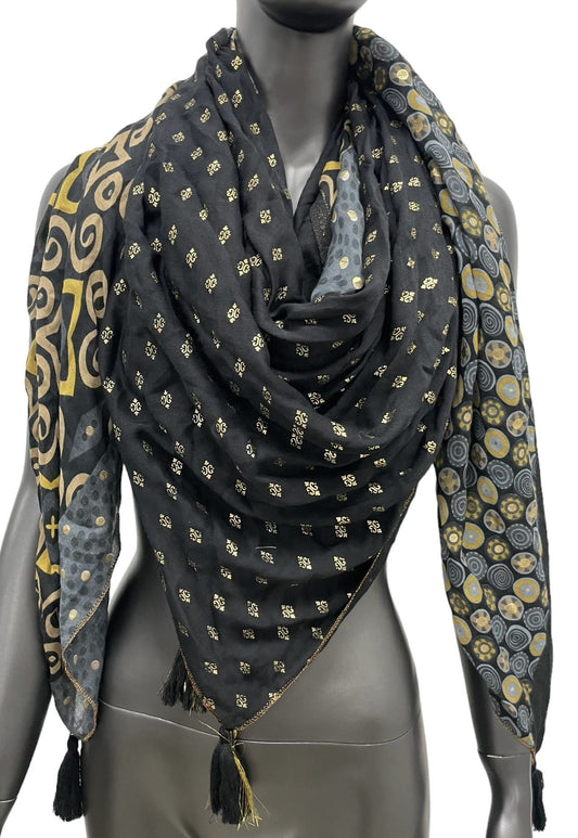 Geometrisches Patchwork-Kopftuch in Schwarz und Senfgelb