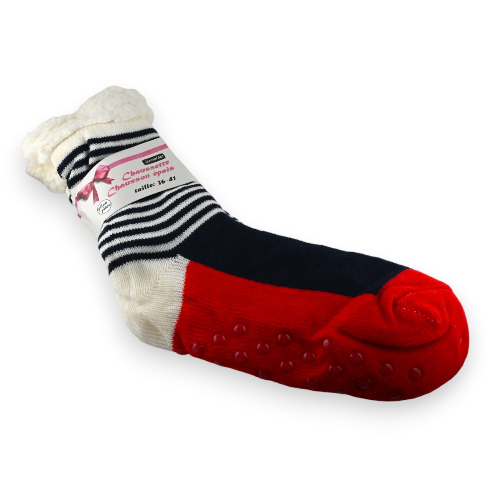 Warme Socken-Hausschuhe in Blau, Rot und Weiß mit gestreiftem Schaft und rutschfester Sohle, Größe 36-41