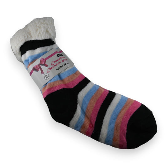 Bunte gestreifte Socken-Pantoffel mit Plüschfutter, mehrfarbig in Schwarz, Blau, Pink und Weiß, Größe 36-41