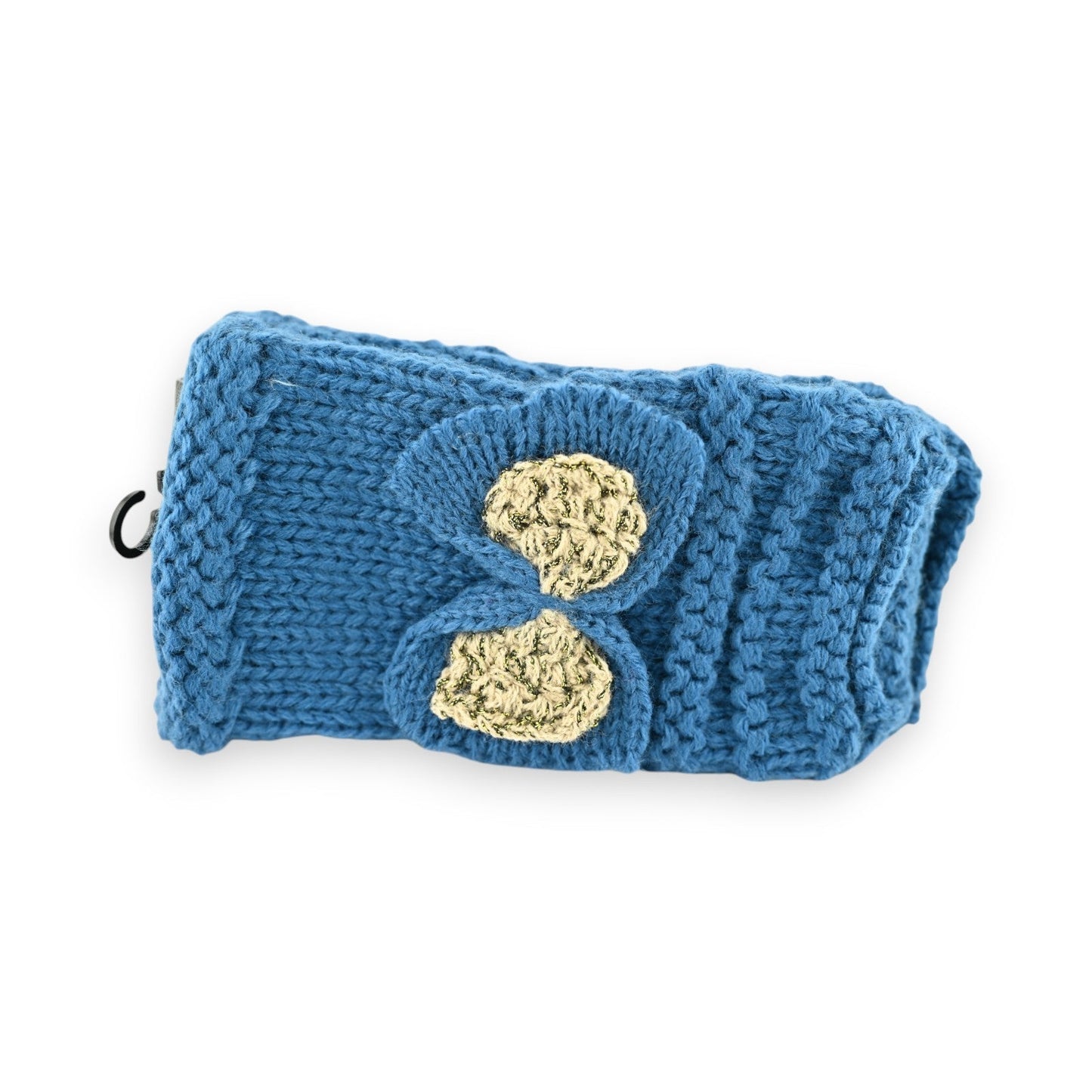 Gestrickte fingerlose Handschuhe in Entenblau mit gelbem Schleifenmotiv, handgefertigt aus weicher Wolle