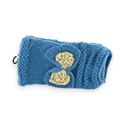 Gestrickte fingerlose Handschuhe in Entenblau mit gelbem Schleifenmotiv, handgefertigt aus weicher Wolle