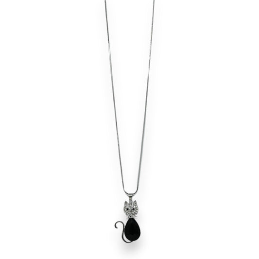 Elegante Halskette mit Katzenanhänger: Silberkette, Kristall-Katzenkopf und schwarzer Onyx-Körper