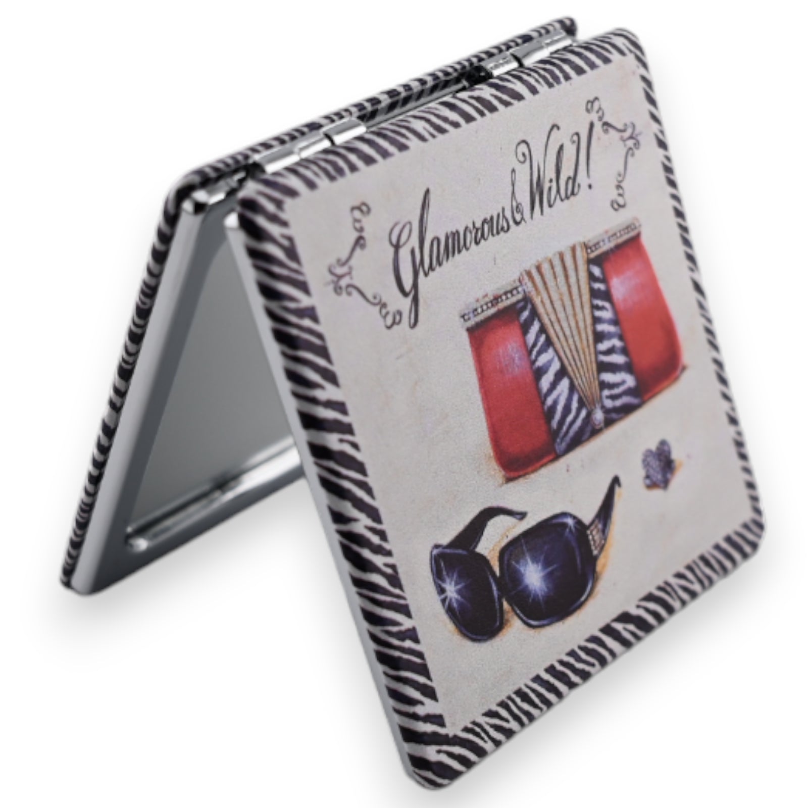 Glamouröser Klappspiegel mit Zebramuster, Aufschrift 'Glamorous & Wild!', Abbildungen von Lippenstift und Sonnenbrille