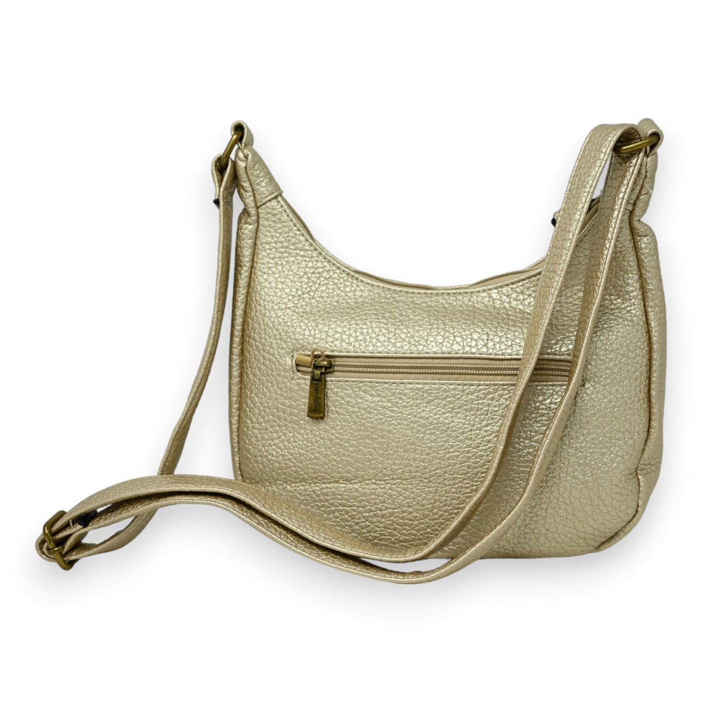 Goldene Umhängetasche in Bananenform aus genarbtem Leder mit Reißverschluss und verstellbarem Schulterriemen