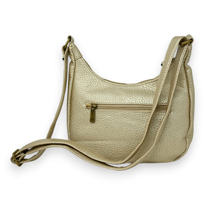 Goldene Umhängetasche in Bananenform aus genarbtem Leder mit Reißverschluss und verstellbarem Schulterriemen