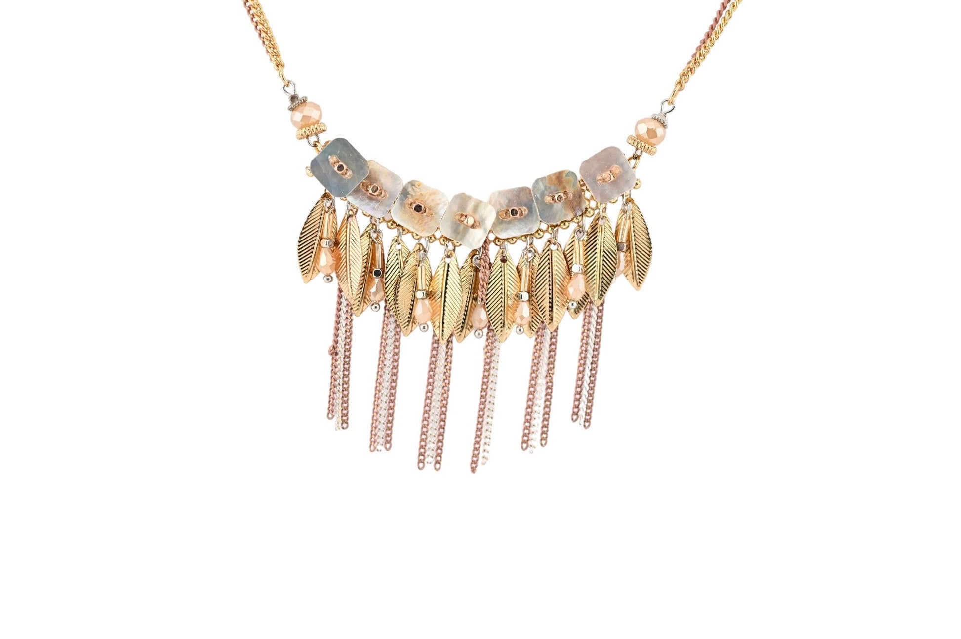 Boho-Halskette mit goldenen Federn, Edelsteinen und Quasten, Statement-Schmuck im ethnischen Stil für modebewusste Frauen