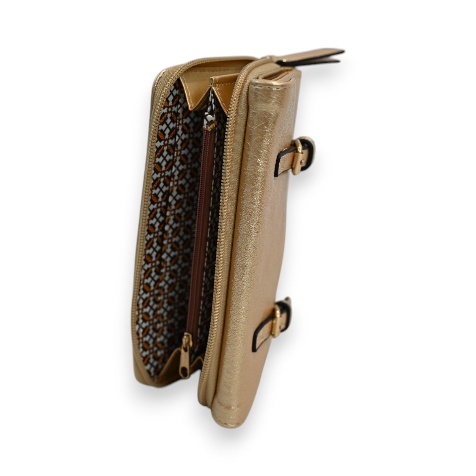 Elegante goldene Brieftasche mit Reißverschluss, Muster-Innenfutter und Schnallen, seitliche Ansicht geöffnet