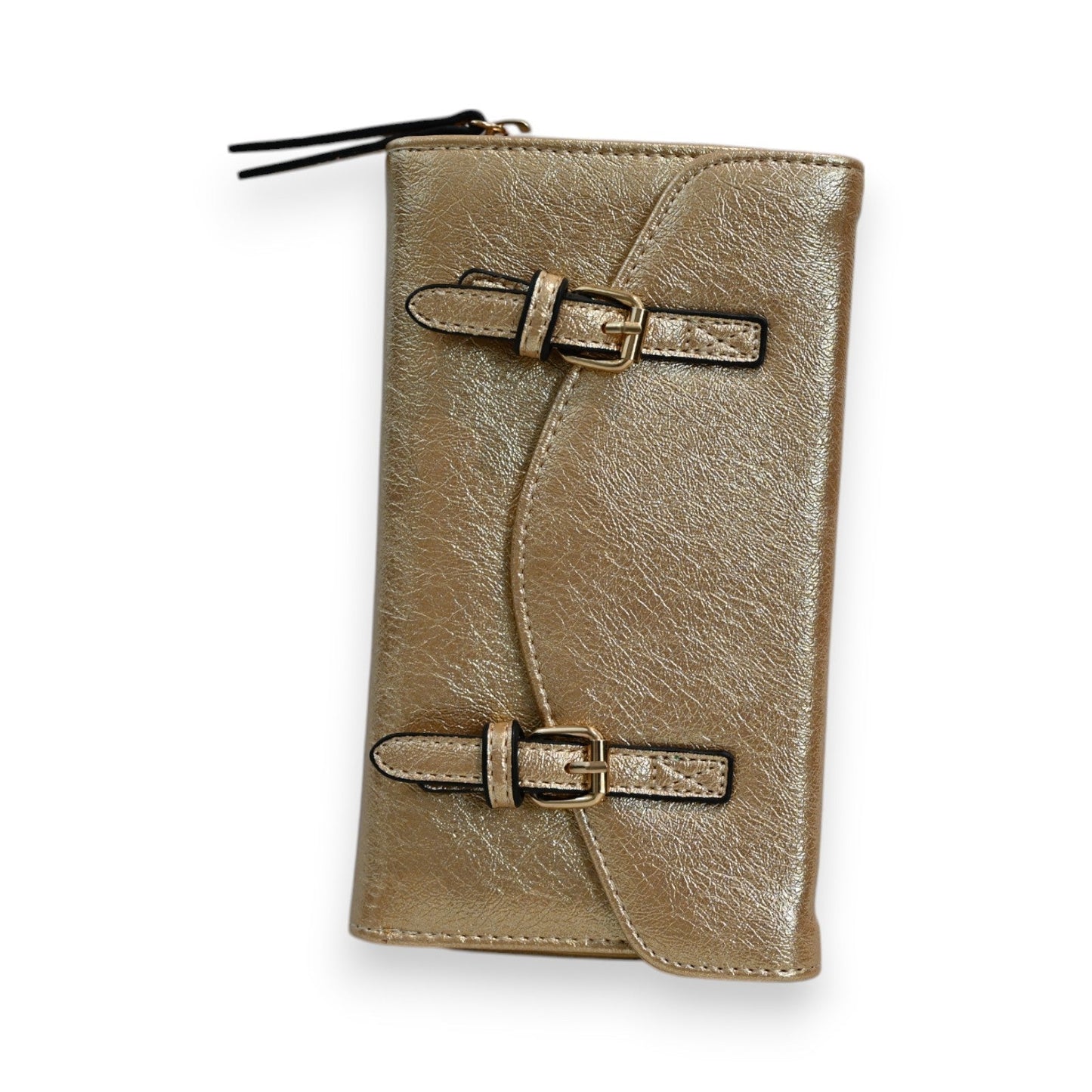 Elegante goldene Leder-Brieftasche mit zwei Schnallen, Reißverschluss und strukturierter Oberfläche