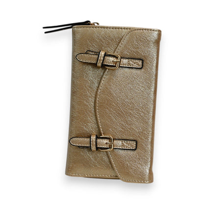 Elegante goldene Leder-Brieftasche mit zwei Schnallen, Reißverschluss und strukturierter Oberfläche