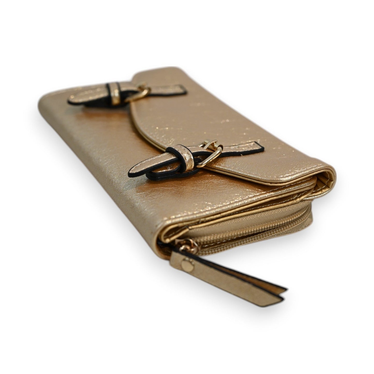 Elegante goldene Damen-Brieftasche mit Reißverschluss und dekorativen Schnallen, hochwertige Lederoptik