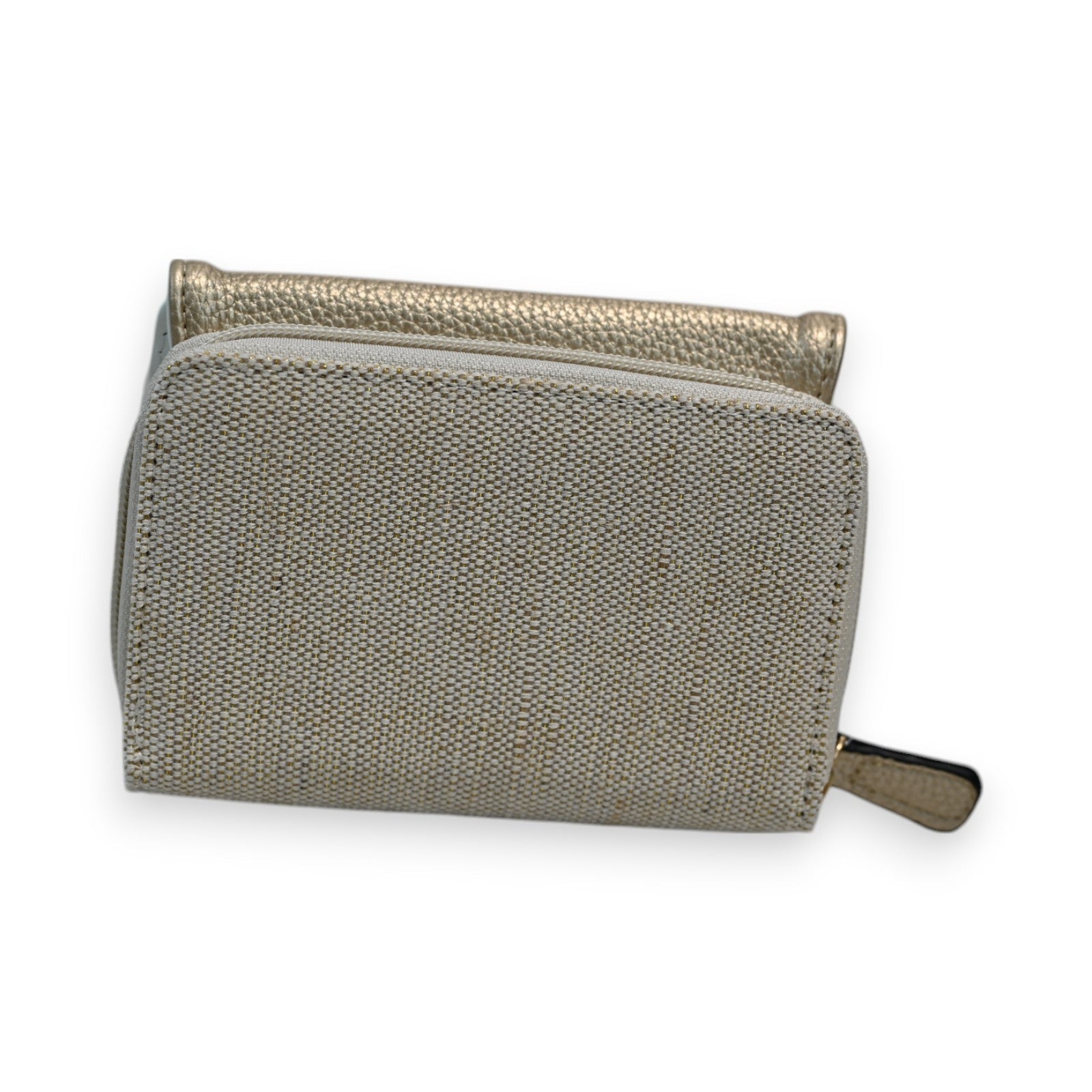 Elegante Geldbörse aus zweifarbigem Material: grauer Stoff und goldenes Leder, mit Reißverschluss, von Mélanie Paris