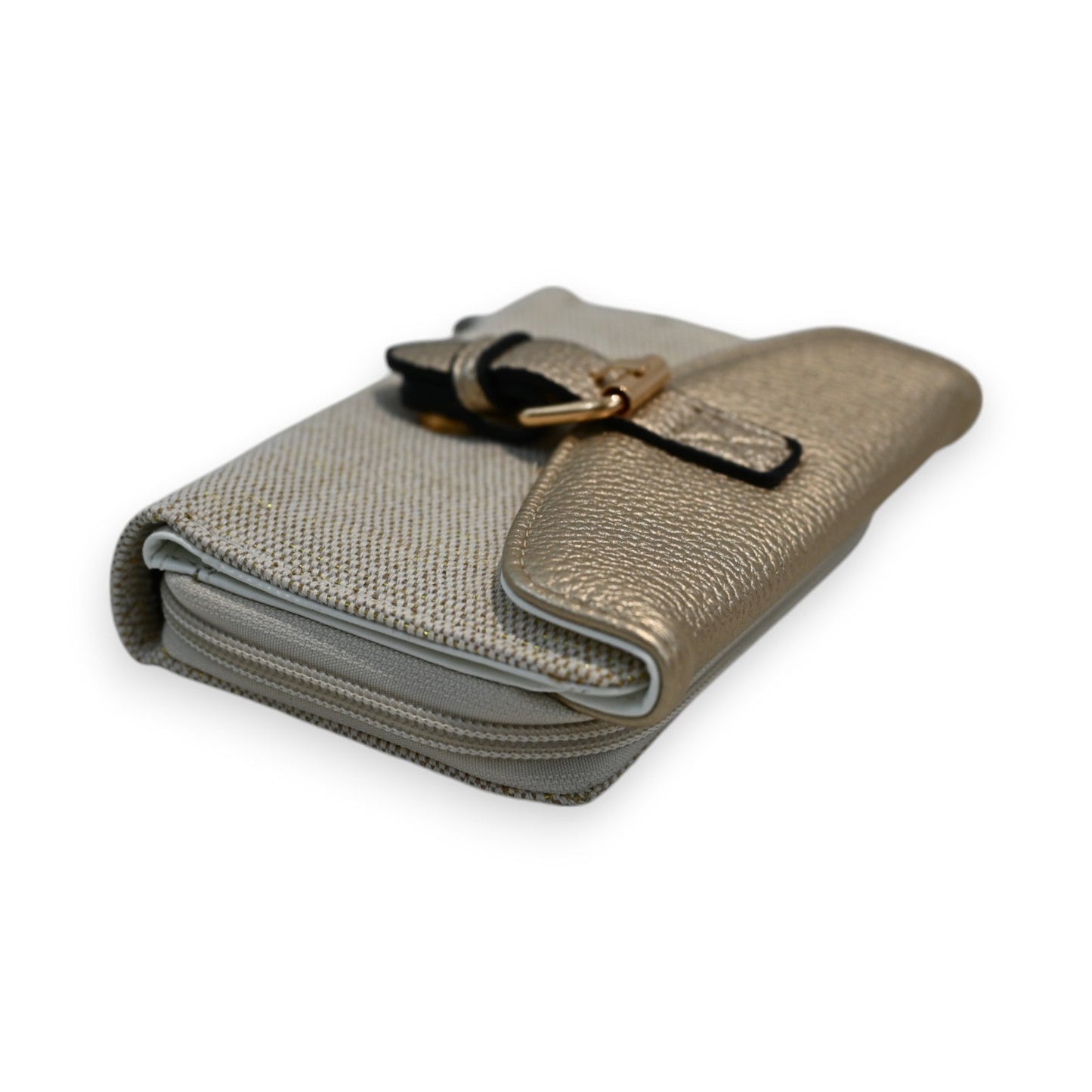 Elegante Damen-Geldbörse in Gold, aus Leder und Stoff, mit Reißverschluss und Schnallenverschluss, Marke Mélanie Paris