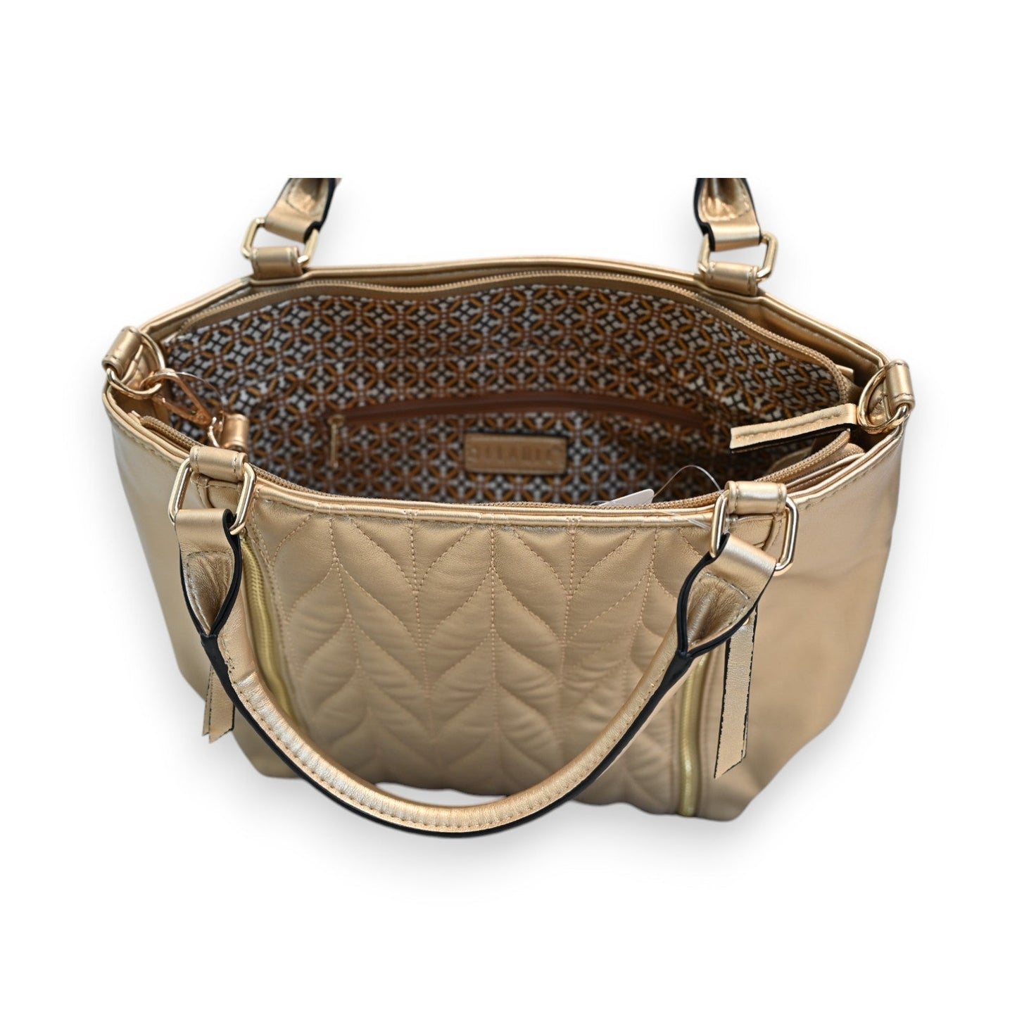 Elegante goldene Handtasche mit gestepptem Muster, Innenfutter mit Blumenmuster und mehreren Tragegriffen