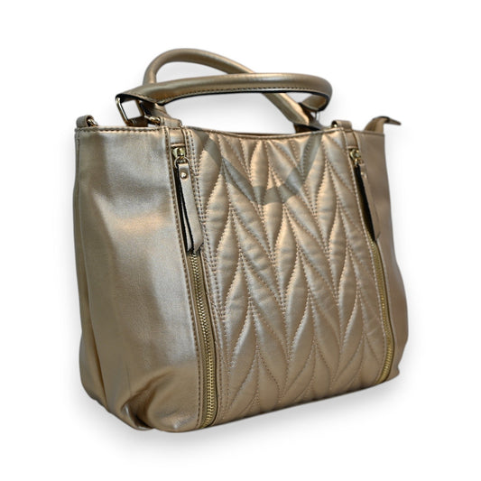 Elegante goldene Handtasche mit gestepptem Muster, Reißverschlüssen und Tragegriffen, Marke Mélanie Paris
