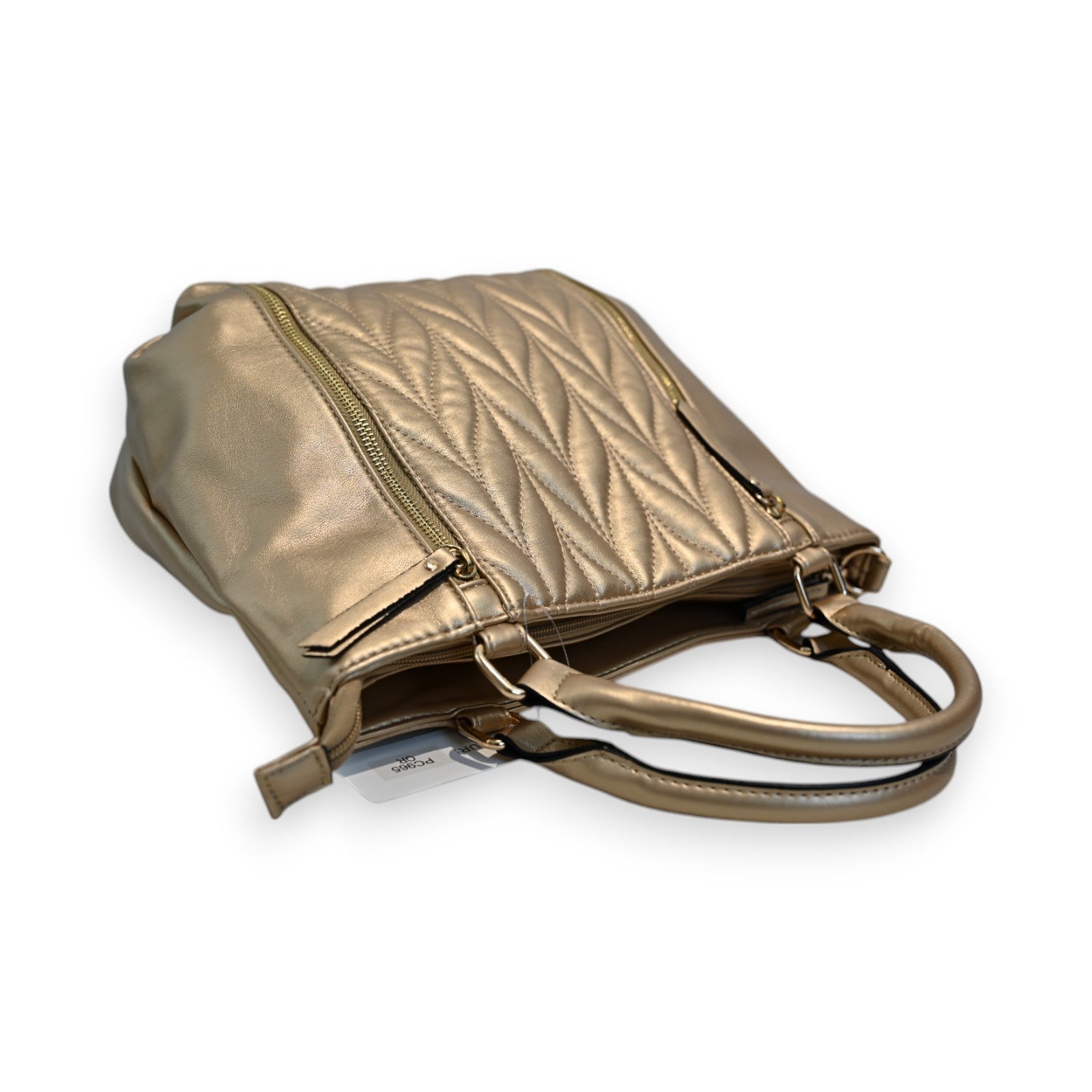 Goldene gesteppte Handtasche mit Reißverschluss und Henkeln, elegantes Design von Mélanie Paris