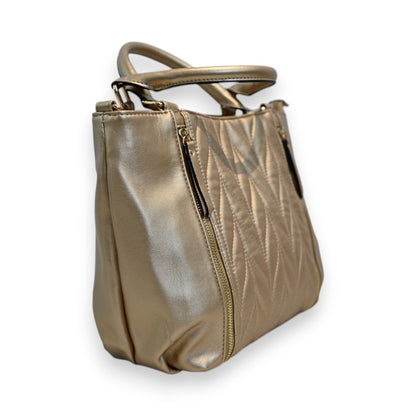 Elegante goldene Handtasche mit gestepptem Muster, Reißverschluss und Tragegriffen, Marke Mélanie Paris
