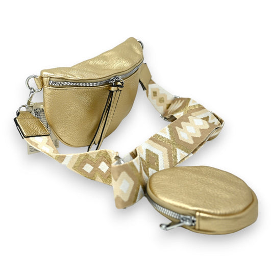 Goldene Gürteltasche mit Umhängeriemen, geometrischem Muster und rundem Reißverschluss-Portemonnaie als Set