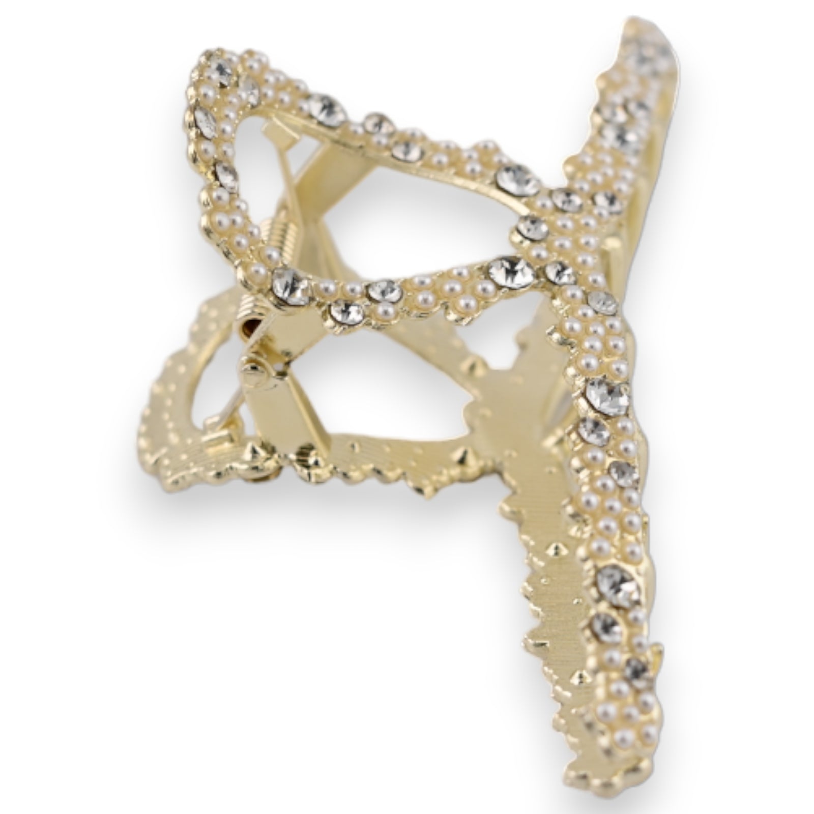 Goldene Haarklammer in Schmetterlingsform, besetzt mit Perlen und weißen Strasssteinen, elegantes Haaraccessoire