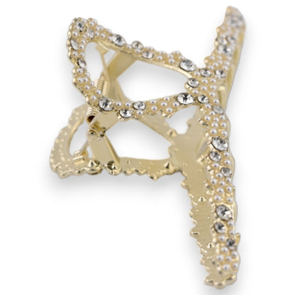 Goldene Haarklammer in Schmetterlingsform, besetzt mit Perlen und weißen Strasssteinen, elegantes Haaraccessoire