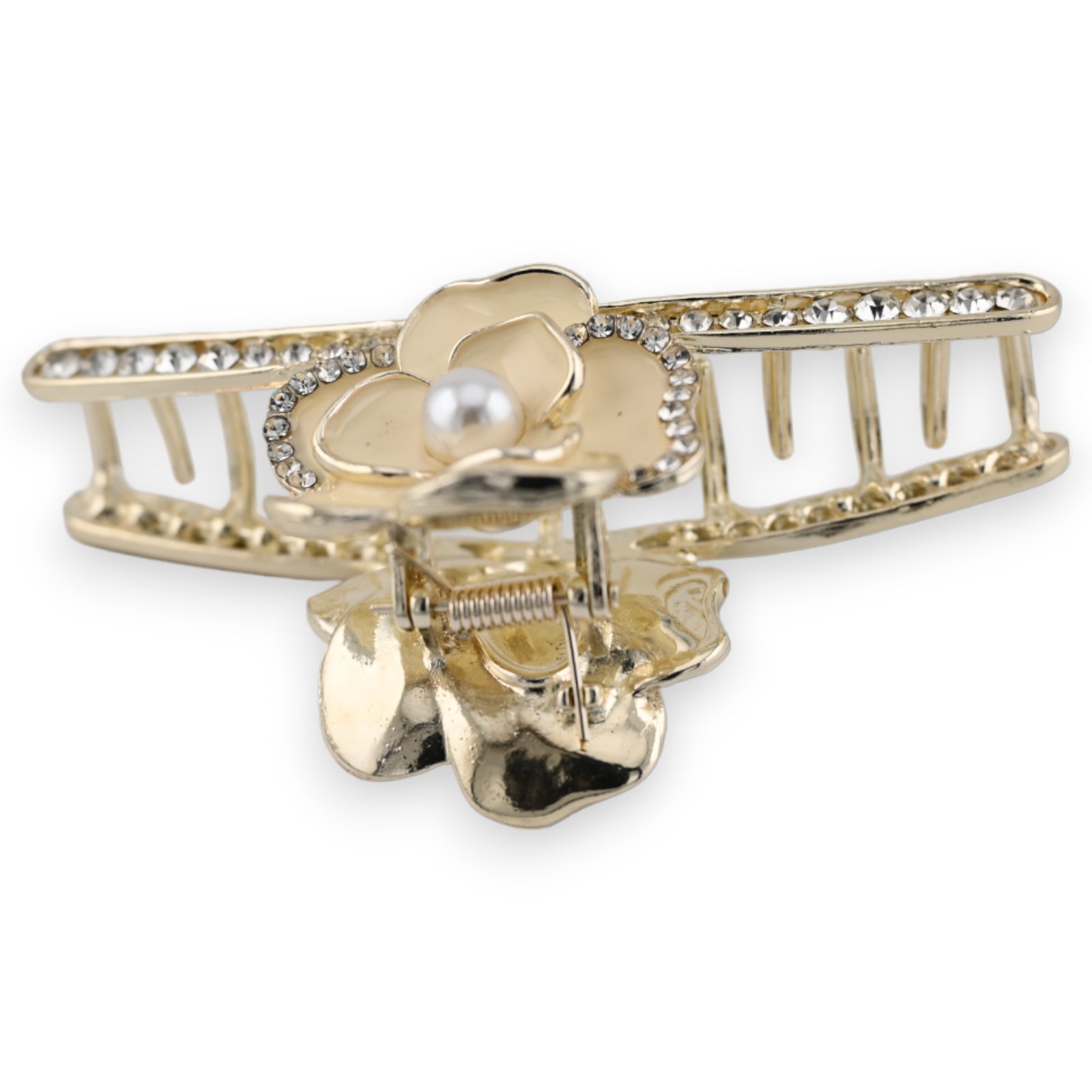 Elegante goldene Haarspange mit beiger Blüte, Perle und Strasssteinen, luxuriöser Haarschmuck für festliche Anlässe