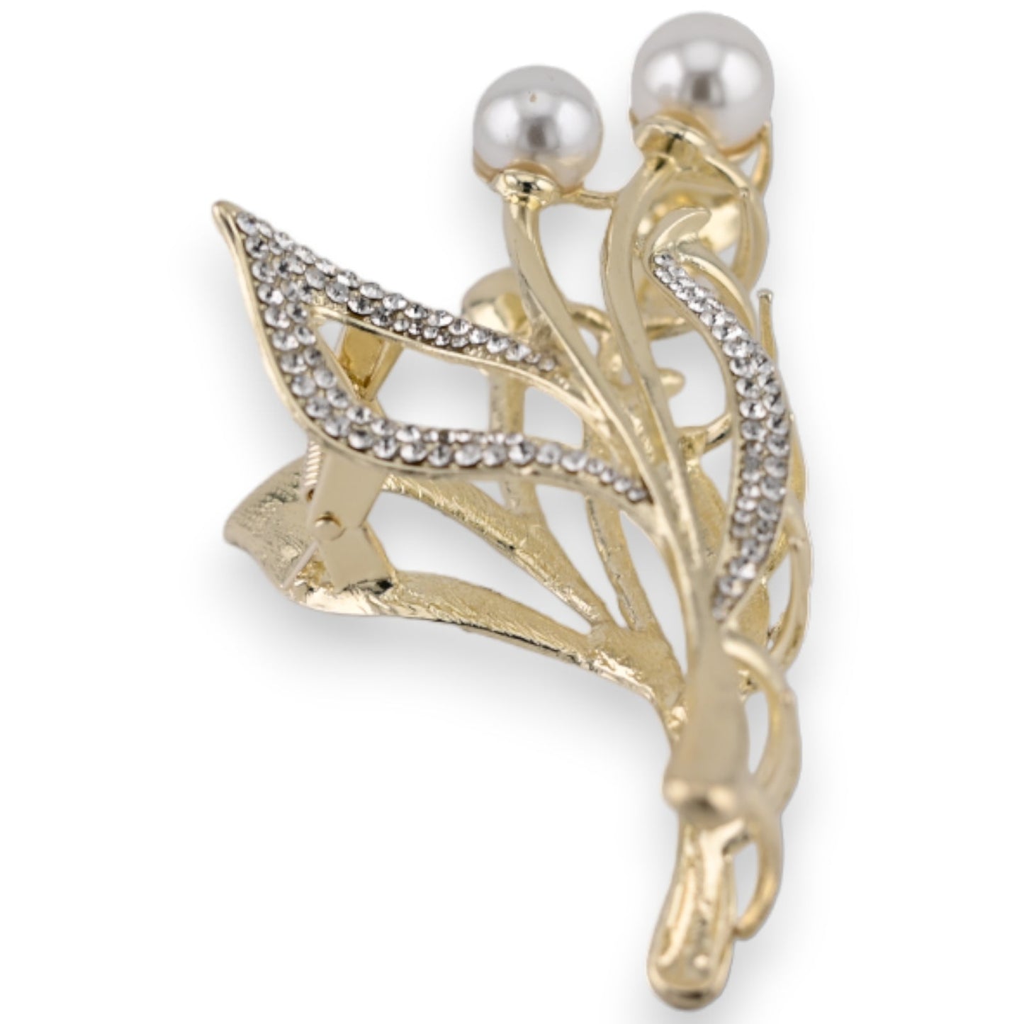 Elegante goldene Haarspange mit Blumendesign, Strasssteinen und Perlen, filigrane Verzierung für festliche Anlässe