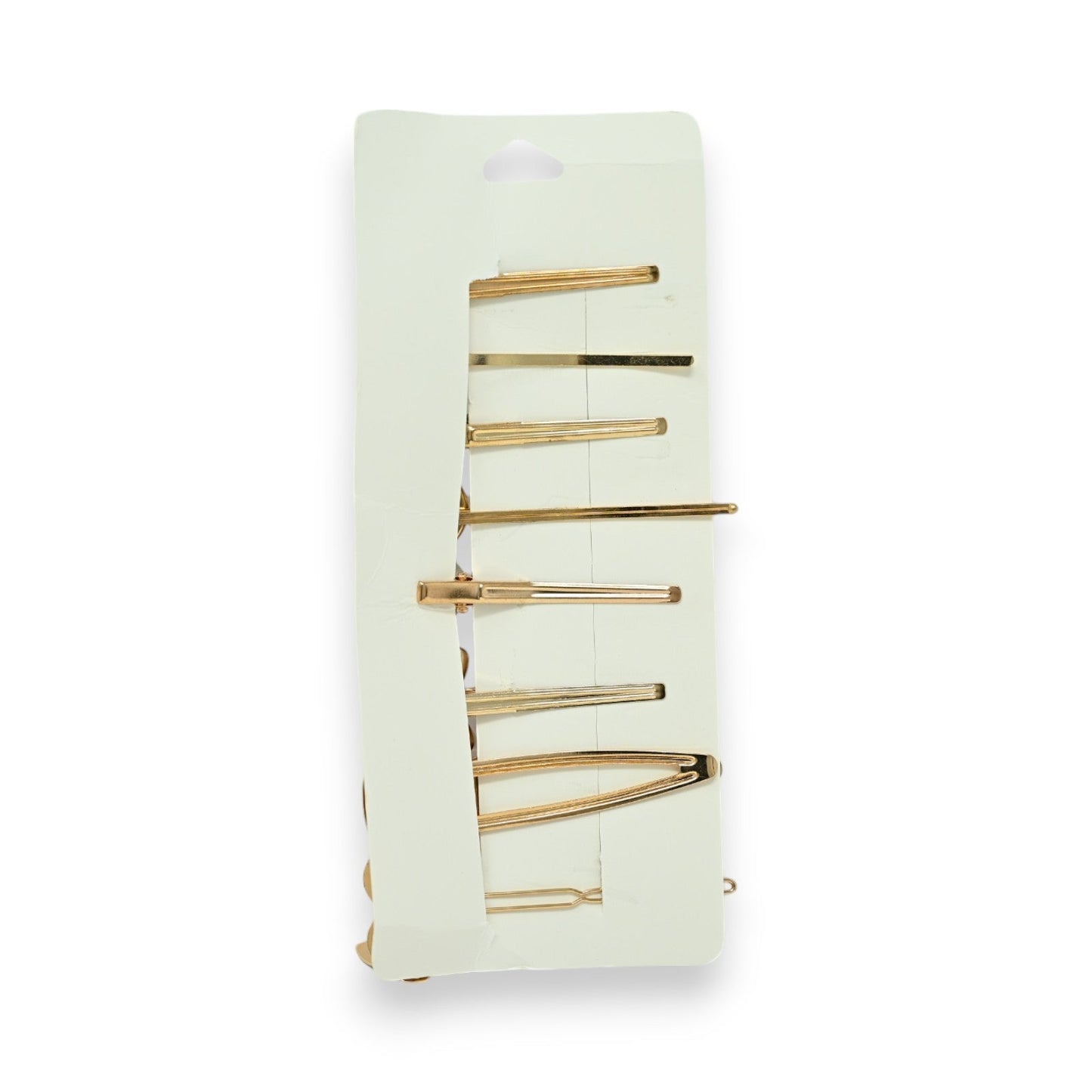 Set von 8 goldenen Haarspangen auf mintgrüner Karte, verschiedene Größen und Formen für vielseitiges Styling