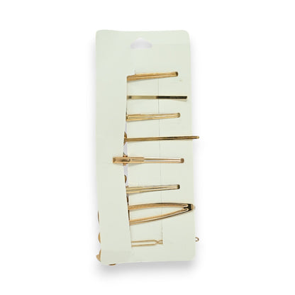 Set von 8 goldenen Haarspangen auf mintgrüner Karte, verschiedene Größen und Formen für vielseitiges Styling