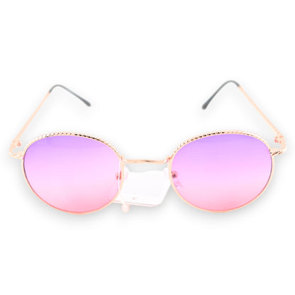 Runde Sonnenbrille mit goldenen Rahmen und violett-rosa getönten Gläsern, stilvoller Retro-Look