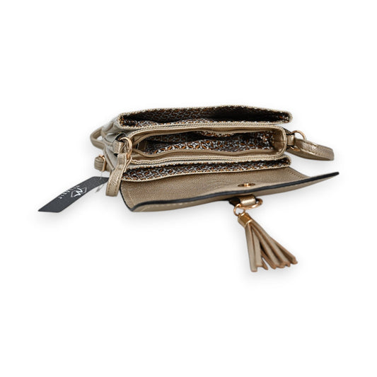 Elegante Umhängetasche Mélanie Paris in Gold mit Leinendetails, Reißverschluss und Quaste, Seitenansicht