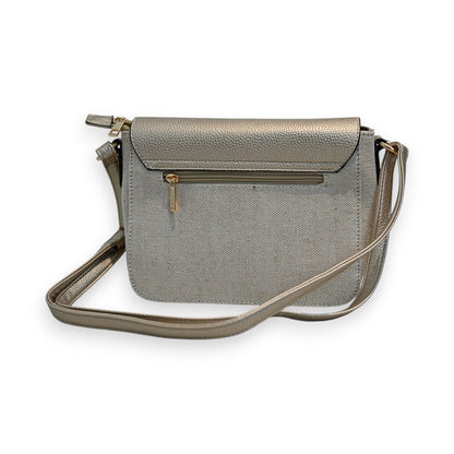 Elegante goldene Umhängetasche aus Leinen und Leder mit Reißverschluss, Schulterriemen und schicker Optik