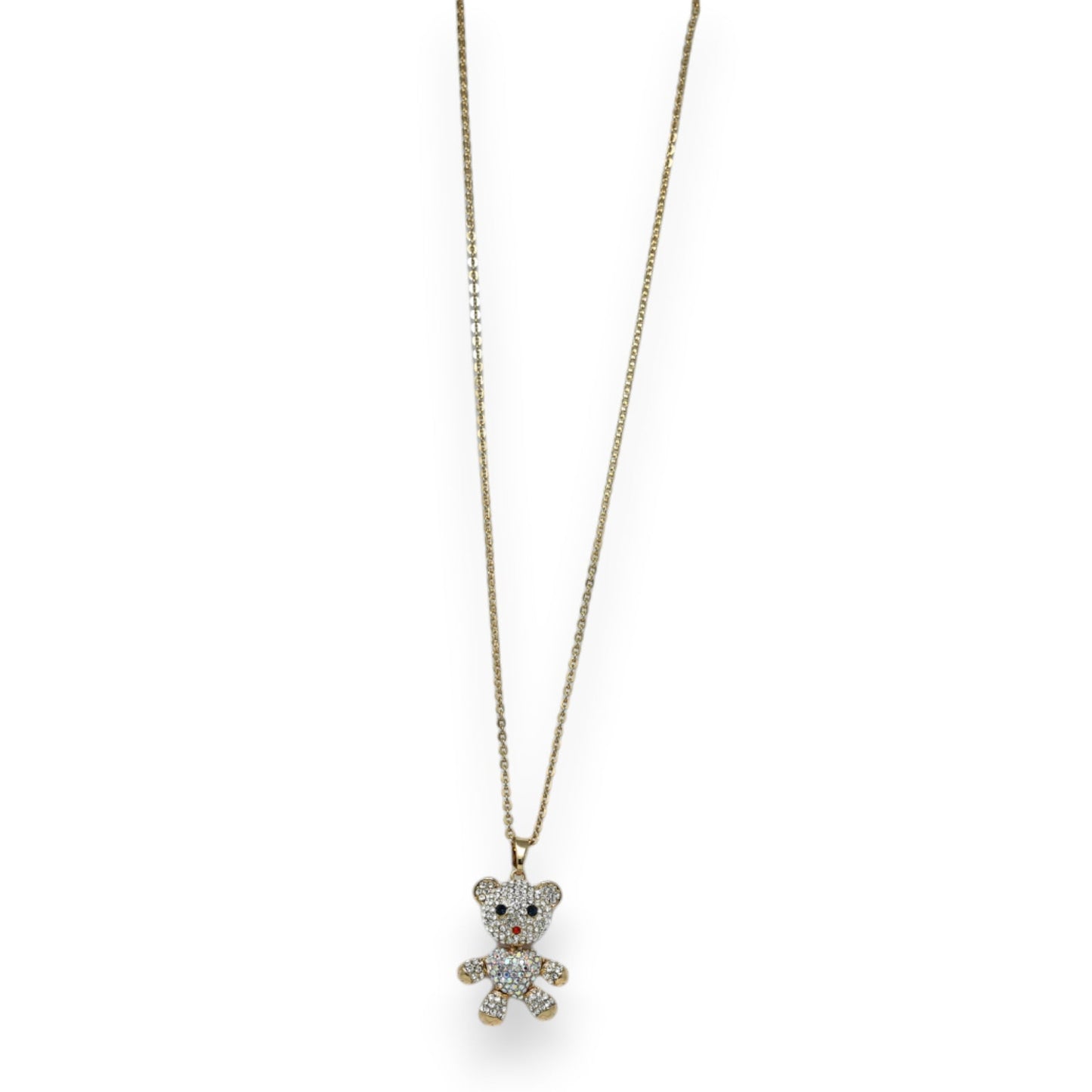 Goldener Halsreif mit glitzerndem Teddybär-Anhänger, besetzt mit Strasssteinen. Eleganter Modeschmuck.