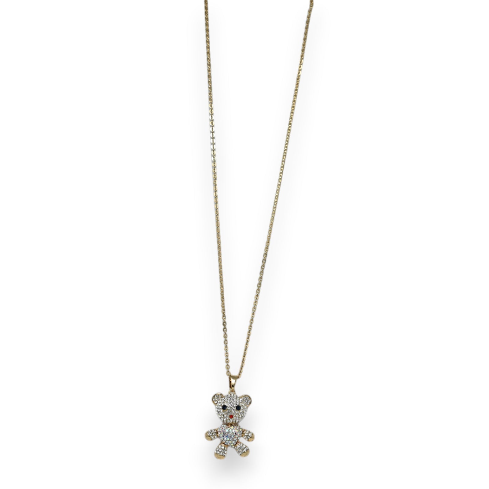 Goldener Halsreif mit glitzerndem Teddybär-Anhänger, besetzt mit Strasssteinen. Eleganter Modeschmuck.