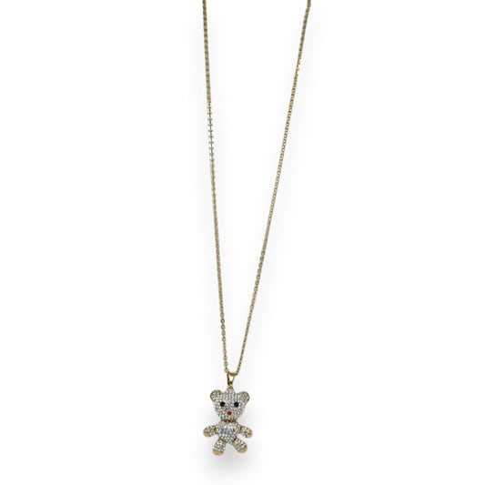 Goldener Halsreif mit glitzerndem Teddybär-Anhänger, besetzt mit Strasssteinen. Eleganter Modeschmuck.