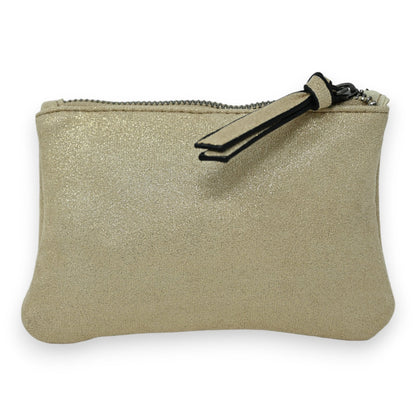 Kleiner goldener Geldbeutel mit glänzendem Stoff, Reißverschluss und Anhänger, ideal für Münzen oder Kleingeld