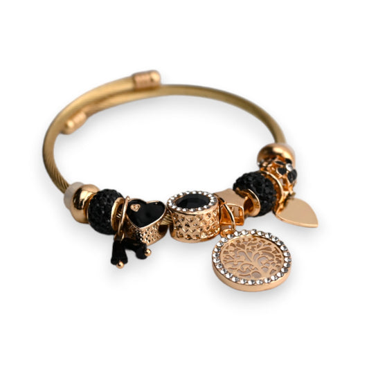 Rigide Armband Charms Schwarz und Gold Baum des Lebens