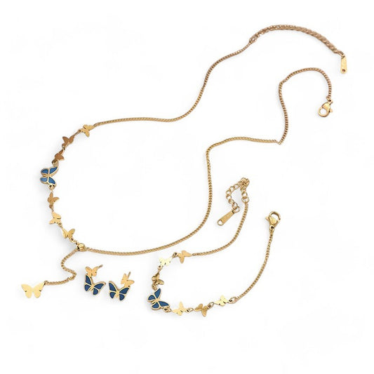 Goldenes Schmuckset mit blauen Schmetterlingen: Halskette und Armband aus Stahl mit Schmetterlinganhängern