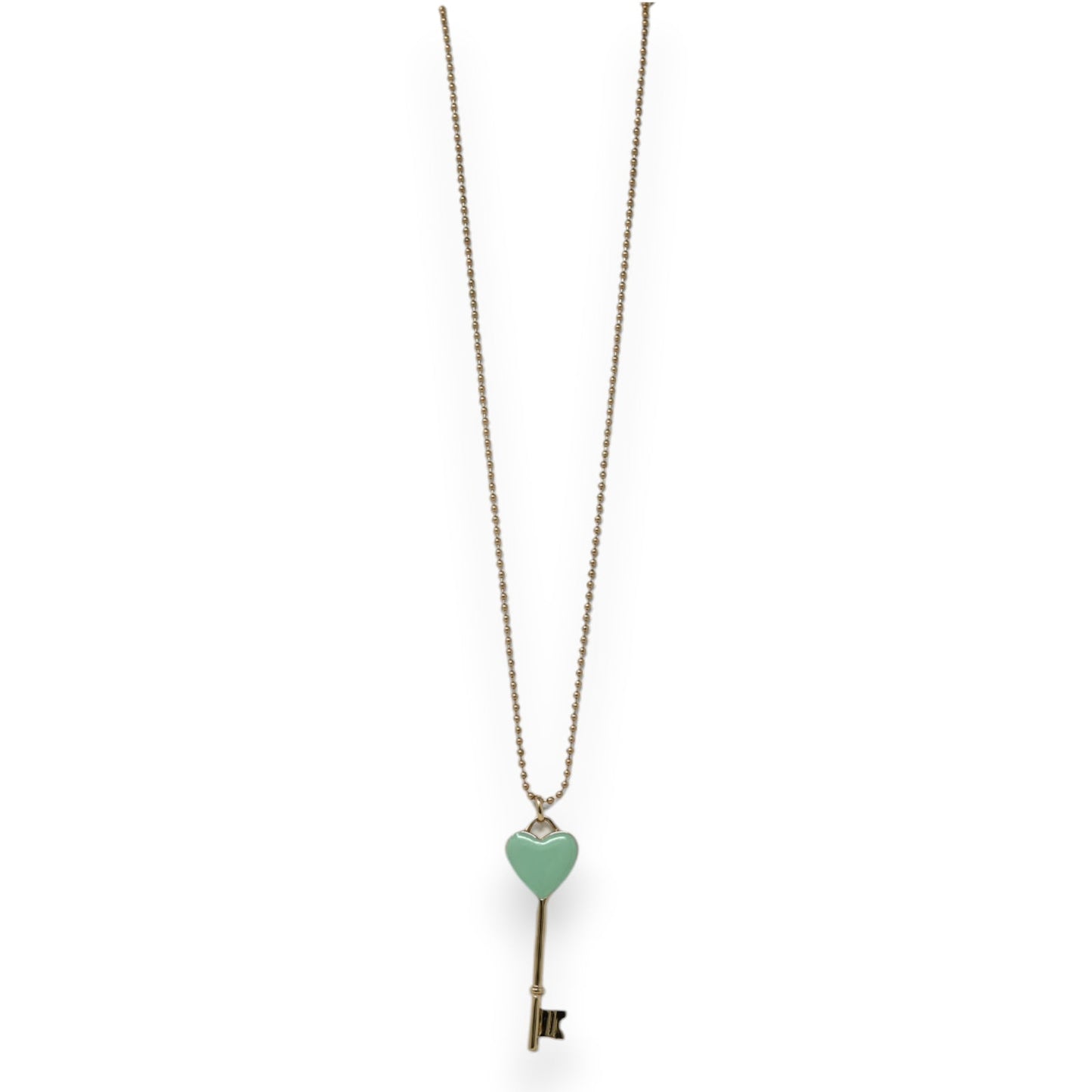Lange goldene Halskette mit Anhänger: Vintage-Schlüssel mit mintgrünem Herzgriff, Symbol für Glück und Liebe