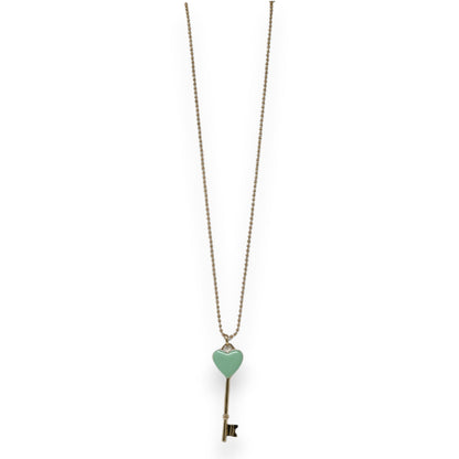 Lange goldene Halskette mit Anhänger: Vintage-Schlüssel mit mintgrünem Herzgriff, Symbol für Glück und Liebe