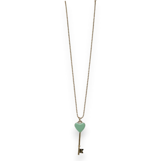 Lange goldene Halskette mit Anhänger: Vintage-Schlüssel mit mintgrünem Herzgriff, Symbol für Glück und Liebe