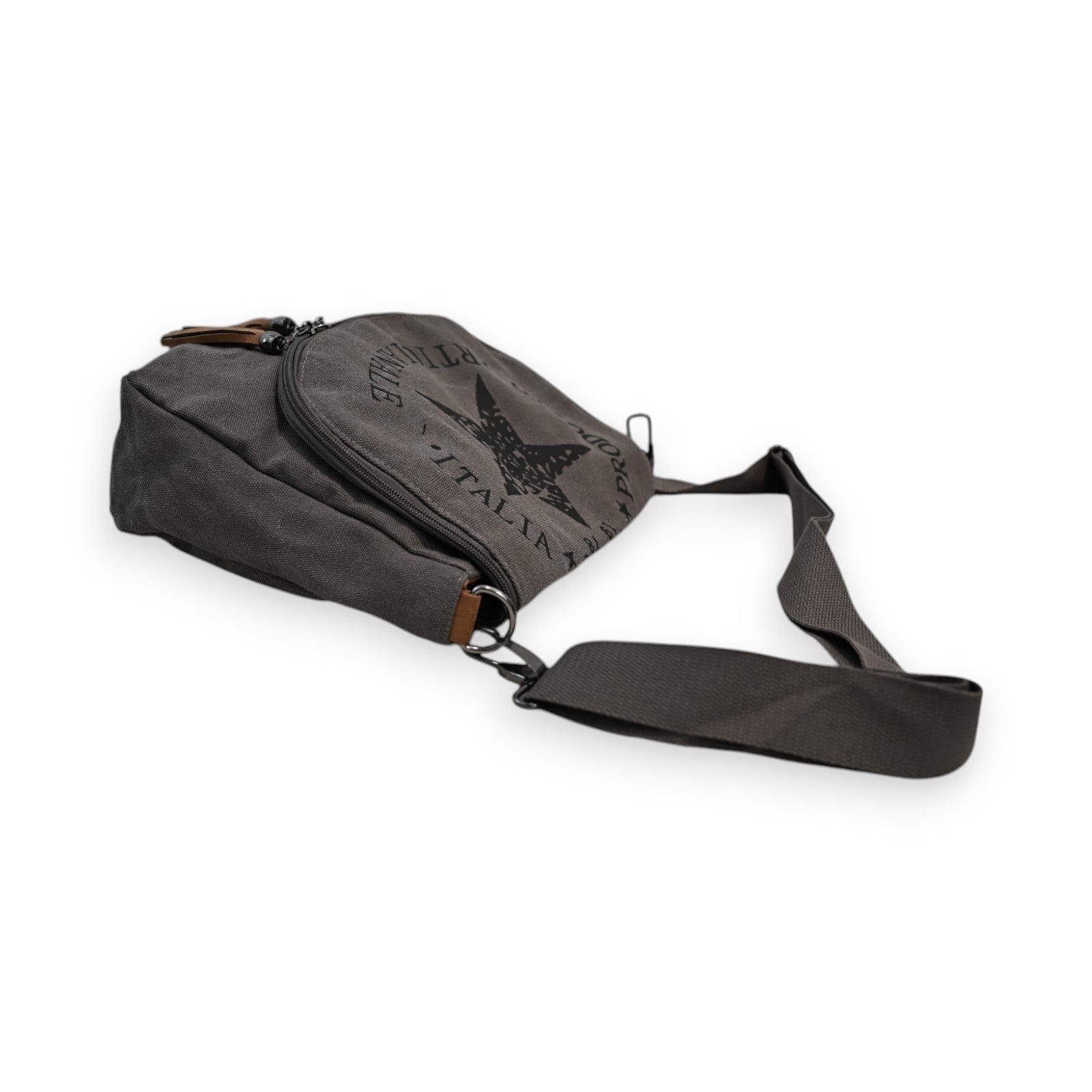 Graue Canvas Umhängetasche mit Sternmotiv, Reißverschluss und verstellbarem Schulterriemen, urban-stylisch