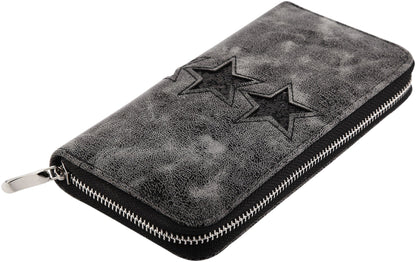 Graue Damen-Geldbörse aus Leder mit eingeprägten Sternen und Reißverschluss, Vintage-Look, elegantes Design