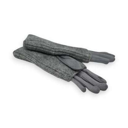 Graue fingerlose Handschuhe mit gestricktem Schaft und Wildlederimitat-Handflächen, warm und stylisch für den Winter