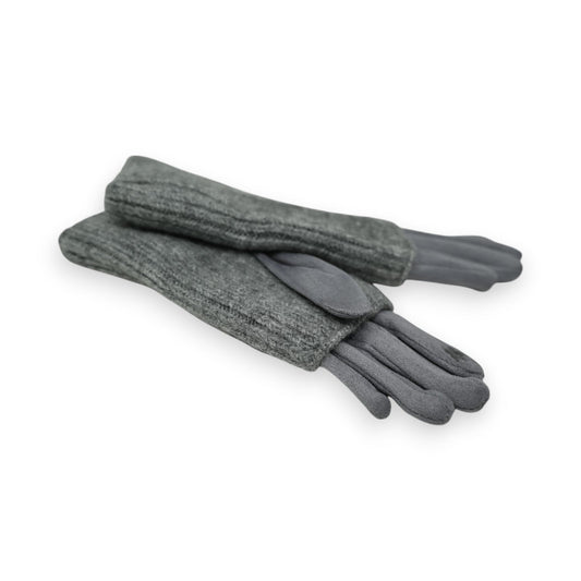 Graue fingerlose Handschuhe mit gestricktem Schaft und Wildlederimitat-Handflächen, warm und stylisch für den Winter