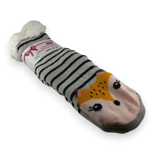 Gestreifte Socken-Hausschuhe mit Fuchsmotiv und flauschiger Manschette, für Erwachsene, grau-schwarz gestreift